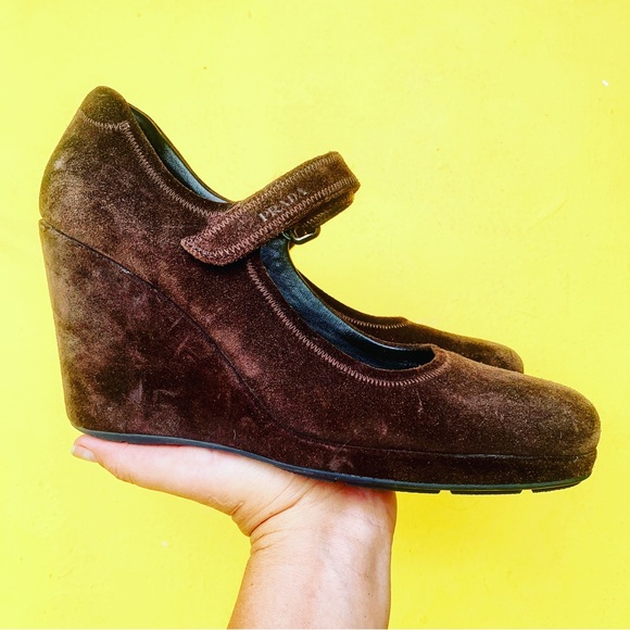 Prada Shoes - PRADA SPORT mary janes heels wedges shoes brown suede designer 37 vintage